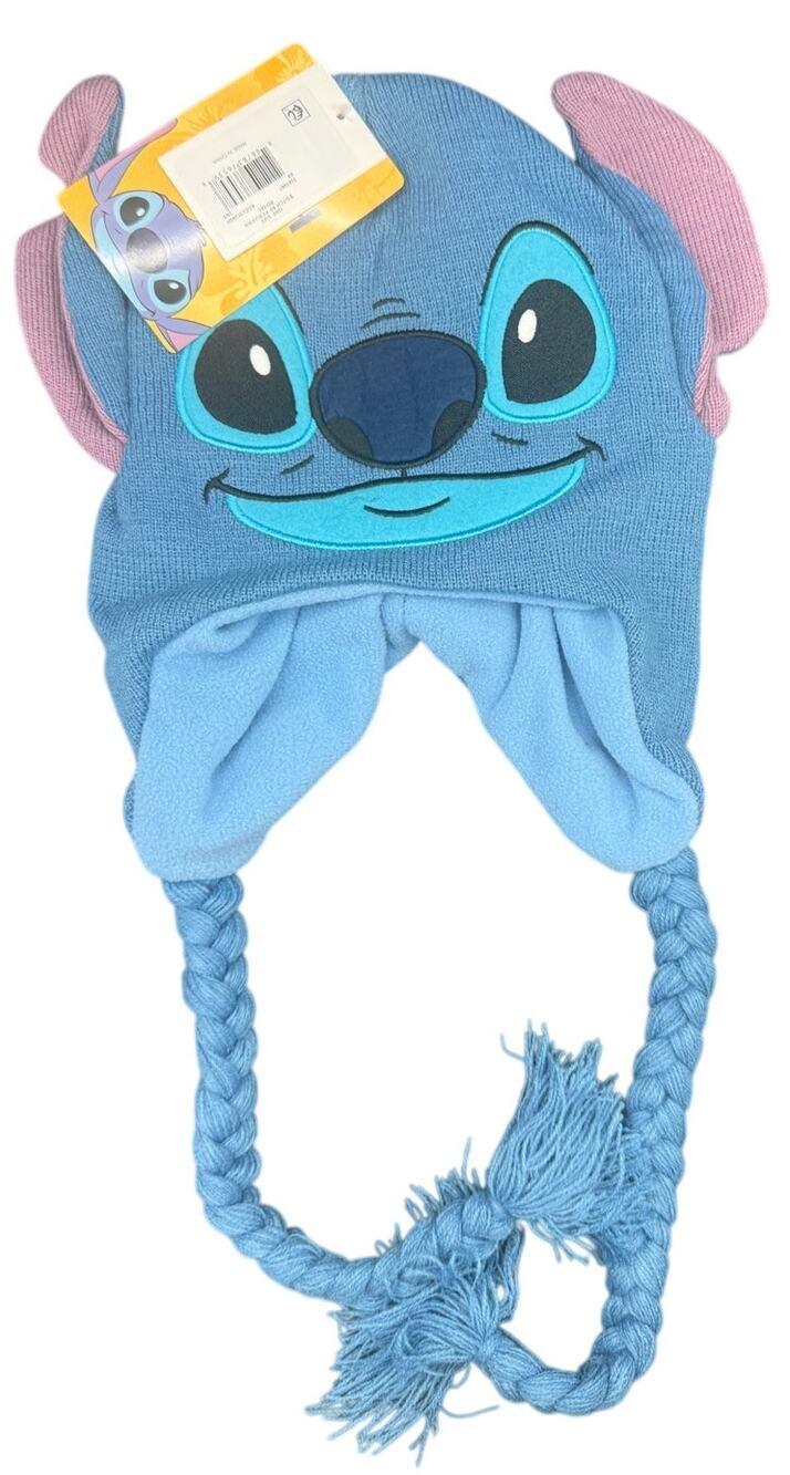 Disney Womens Stitch Face Knit Peruvian Beanie Earflap Braids Hat NWT Blue OSFA